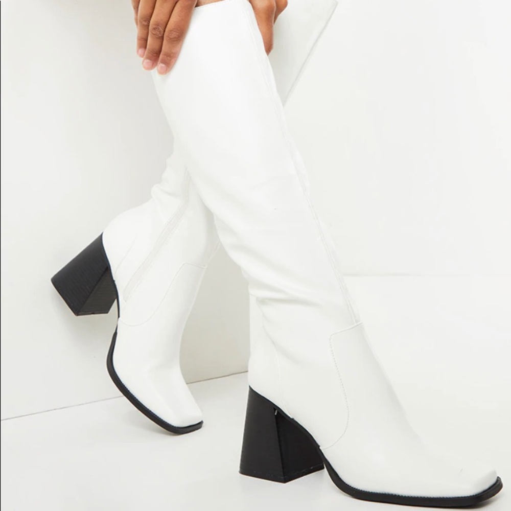 White Square Toe Flare Block Knee High Boot